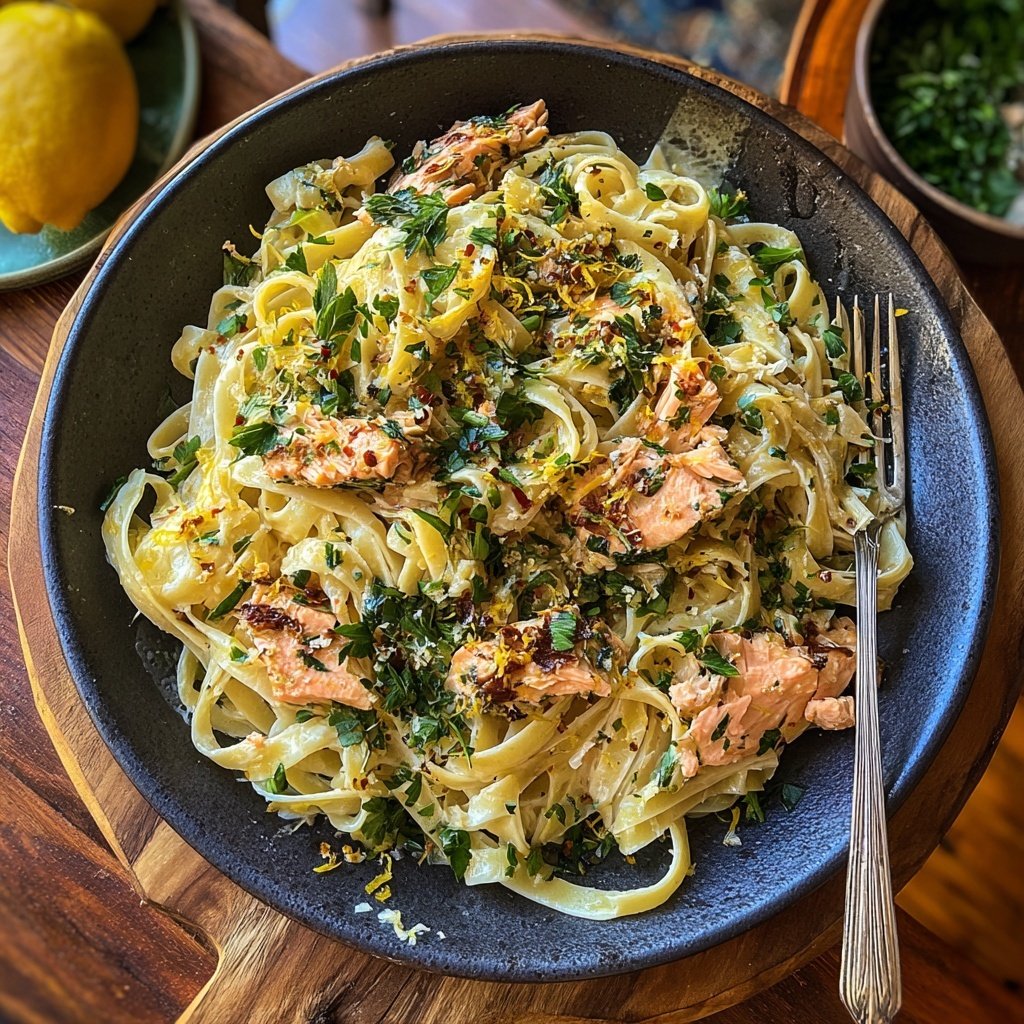 Garlic Butter Salmon Fettuccine