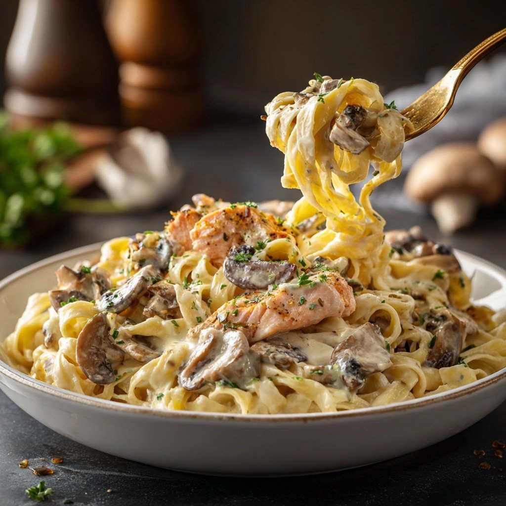 Creamy Mushroom Salmon Tagliatelle